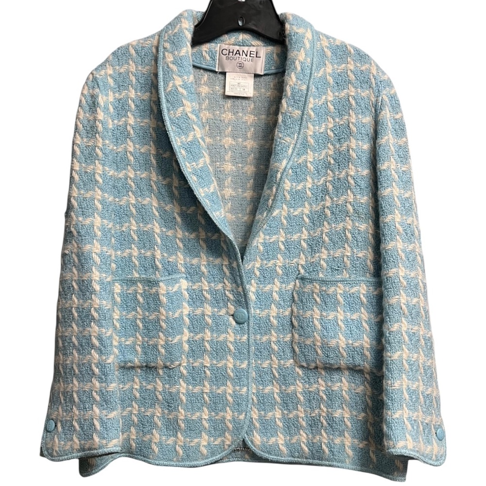 Chanel 1996 Blue Tweed Boucle Plaid Runway Jacket